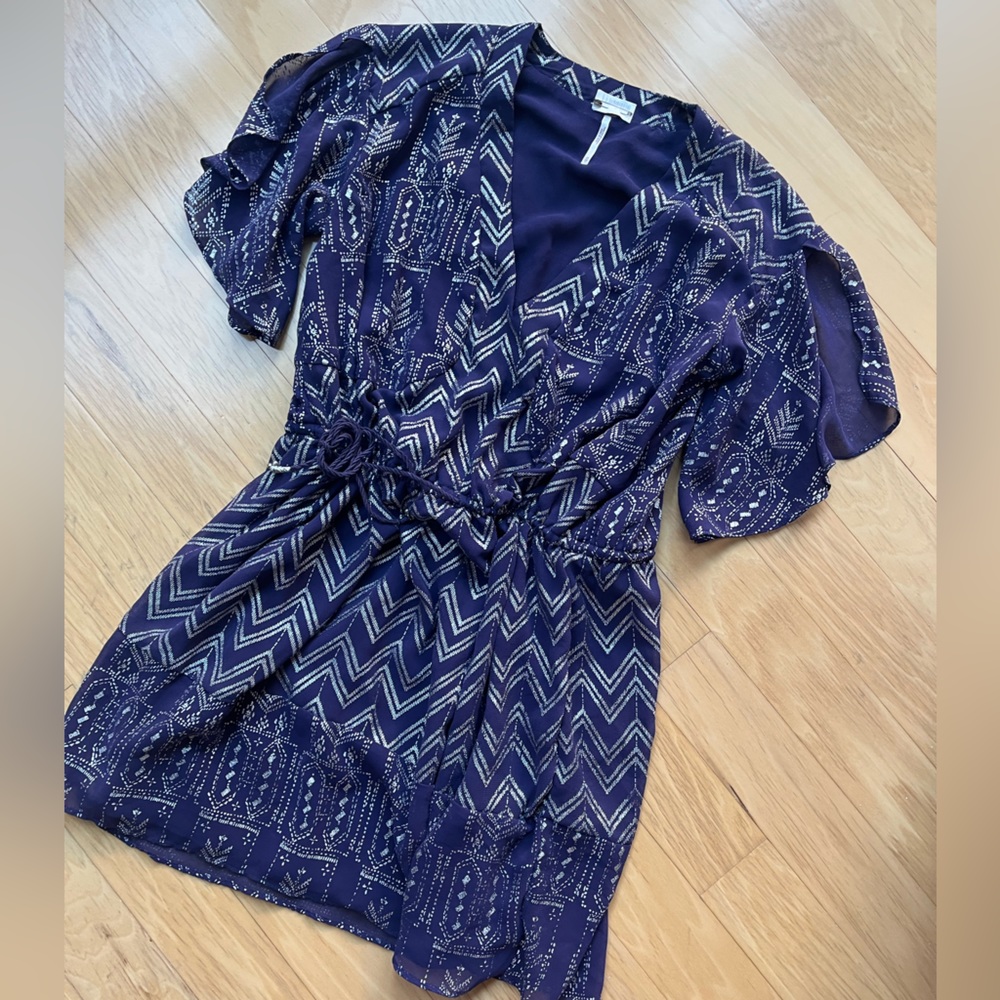 Free People Purple and silver cinched waist boho dress
